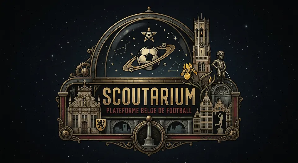 Logo van Scoutarium: een bal als planeet onder een glazen koepel, omringd door het belfort, Manneken Pis, een iris en Belgische gevels
